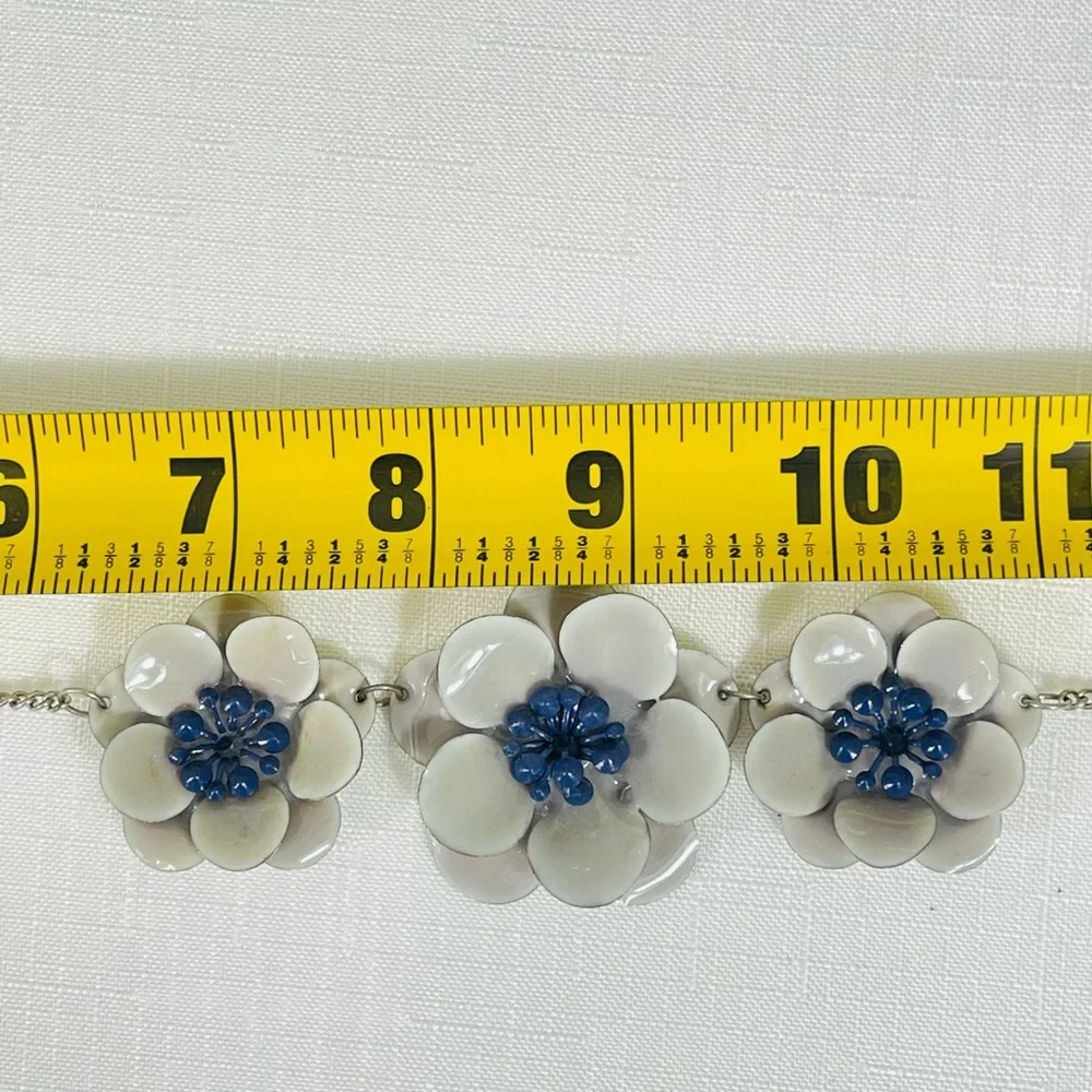 FLORAL ENAMEL NECKLACE silver GREY BLUE retro vintage UNIQUE dressy to casual - Picture 7 of 8